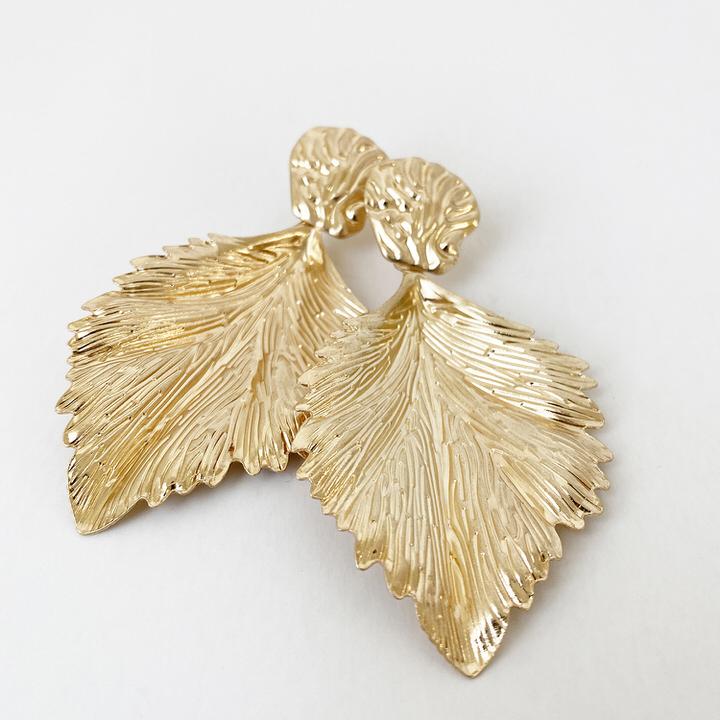 gold big metallic leaves earrings in worn finish