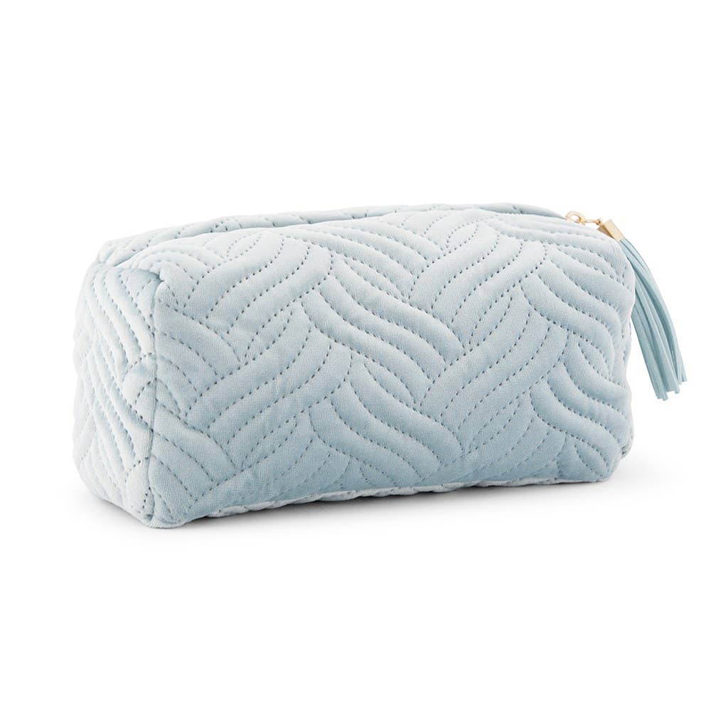 small velvet quilted makeup bag for women - spa blue