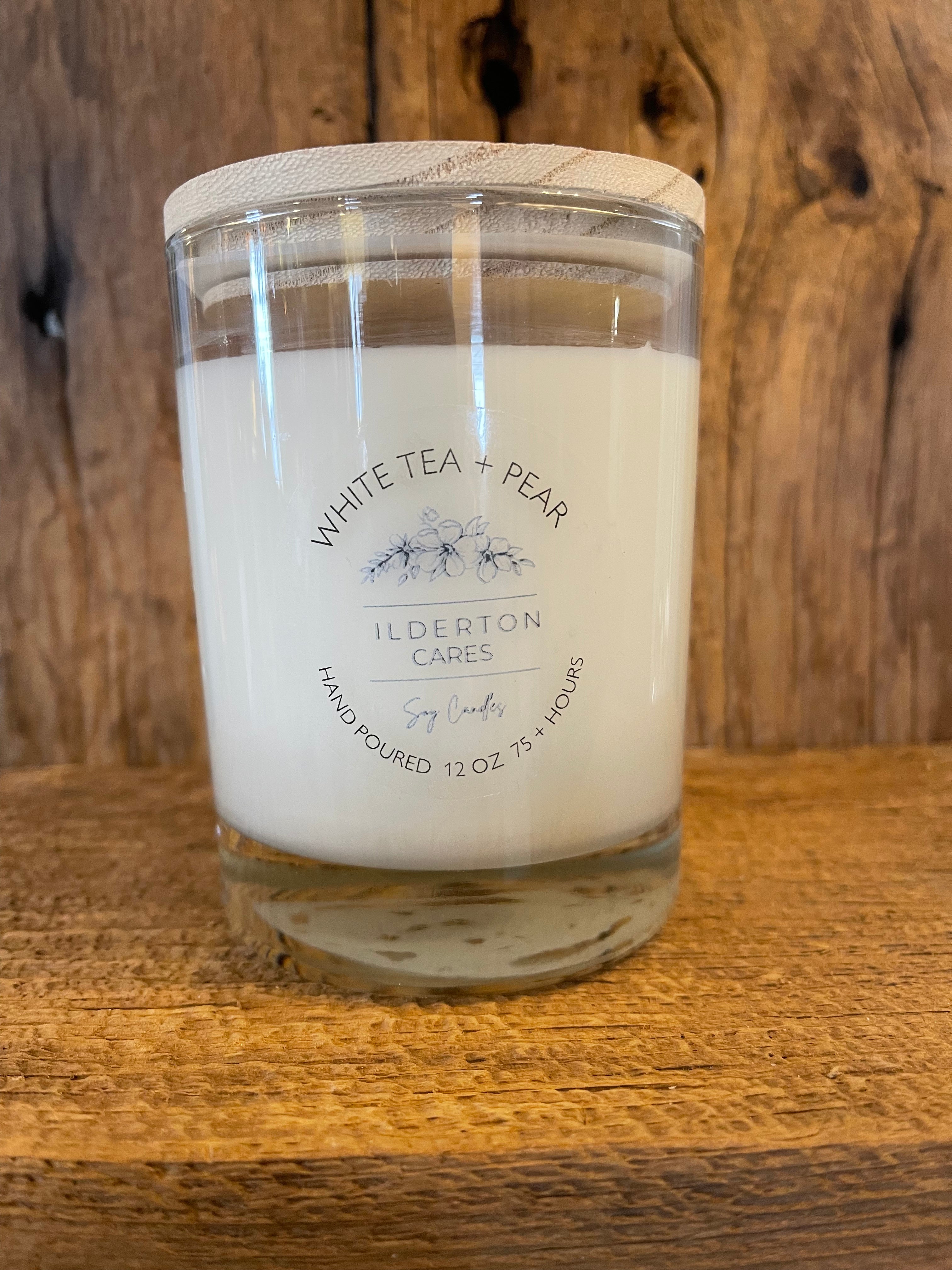 ilderton cares soy candles white tea and pear