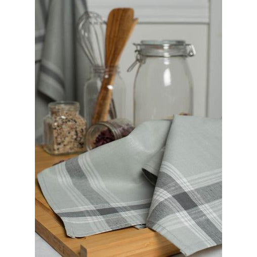 nora tea towel stone / striped grey border