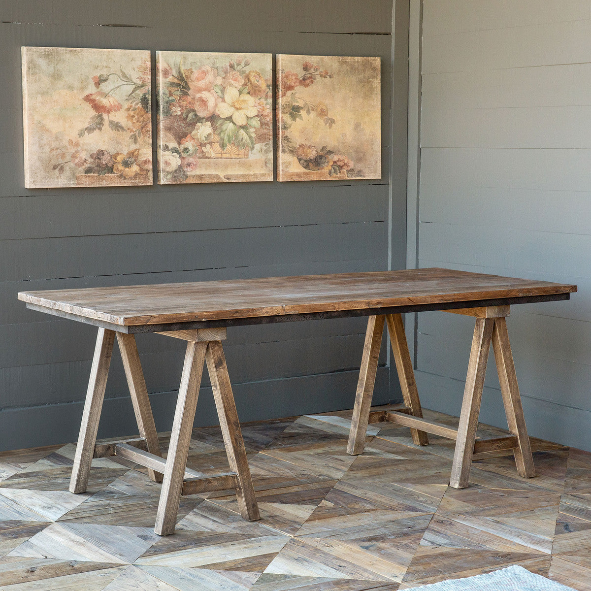 reclaimed wood sawhorse table