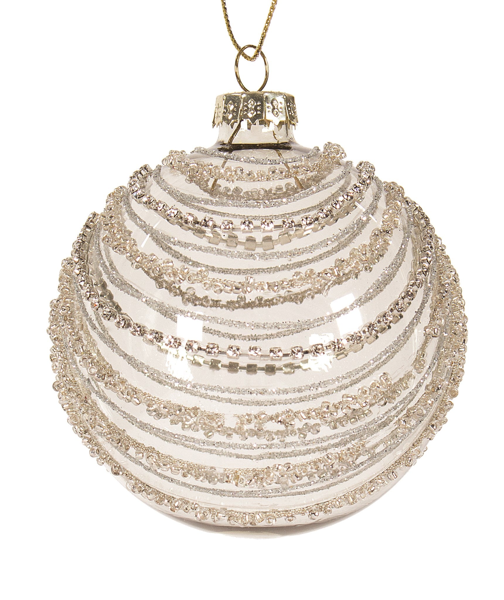 clear glass ball ornament with draped rhinestone ribbons