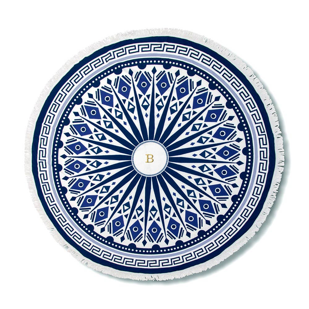 round beach towel - blue and white mandala pattern